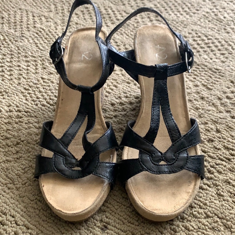 Black Sandals with casual stacked wedge heel. 8